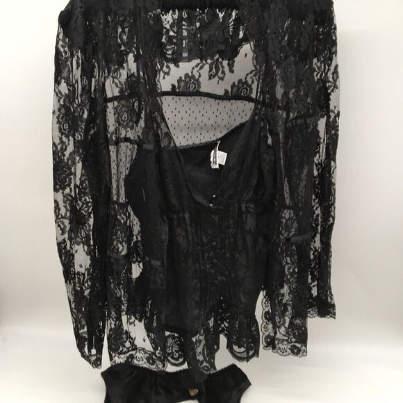 Vintage Black Lace Lingerie Camisole Garter Belt Robe 3 Piece Set Sz Medium Hot - Picture 2 of 12